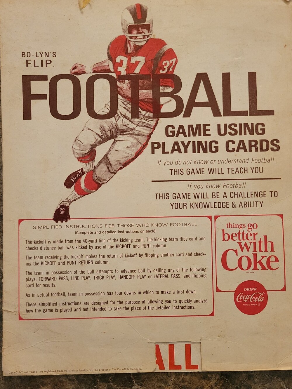 Rare 1966 Bo-Lyn’s Flip Football Card Game Complete Coke Advertisement Vintage